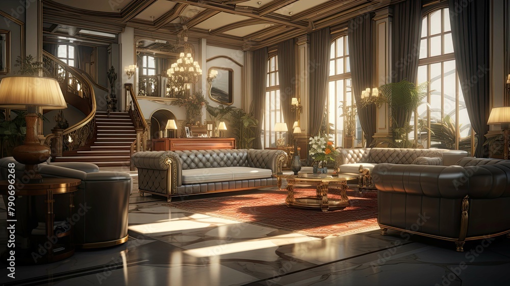 Interior of a hotel. AI generated art illustration. Interior of a hotel. AI generated art illustration.