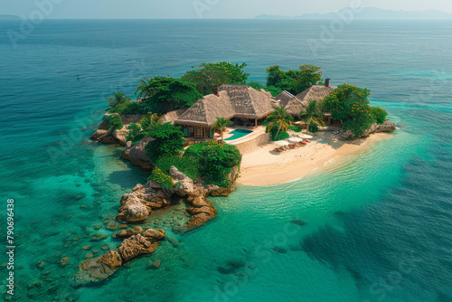 Serene private island retreat with opulent tripical villa, pristine beach and lush tropical foliage, billionaire lifestyle photo