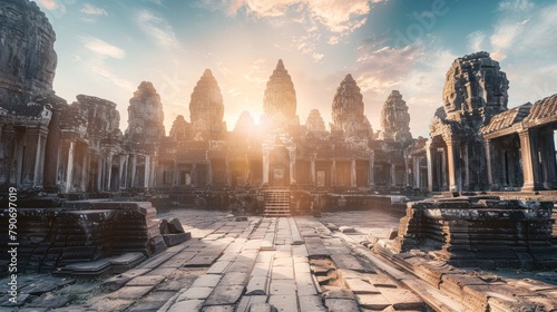 Ancient temples in Cambodia, such as Angkor Wat and Bayon, are renowned for their majestic architecture and intricate carvings, showcasing the rich cultural and historical heritage of the country. photo