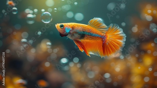 A beautiful orange betta fish with blue fins swims gracefully in a crystal clear aquarium.