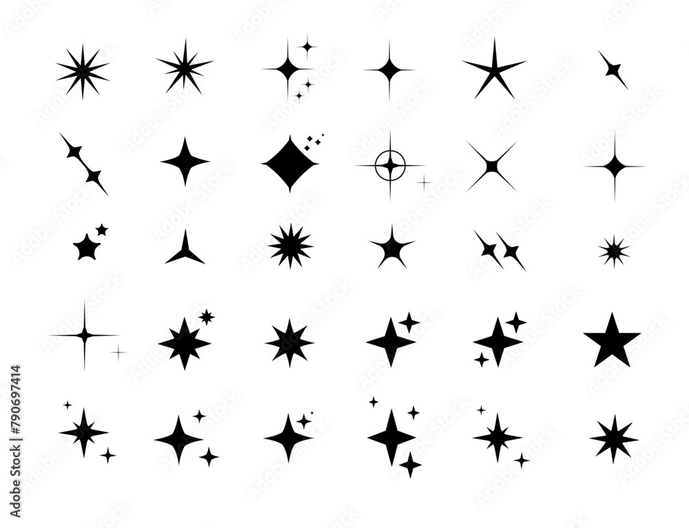 Minimalist silhouette Star icons, star shape vector set. Abstract y2k sparkles. Twinkling stars, abstract sparkle black silhouettes symbol shining burst. Vector Minimalist silhouette Star icons, star shape vector set. Abstract y2k sparkles. Twinkling stars, abstract sparkle black silhouettes symbol shining burst. Vector
