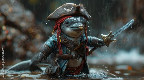 A digital painting of a cute and cartoony dolphin pirate, standing in the rain with a sword in one flipper and a pistol in the other.