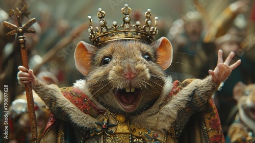 A mouse wearing a golden crown and royal red cape stands on its hind legs, holding a golden scepter in one paw and raising the other paw in the air. photo