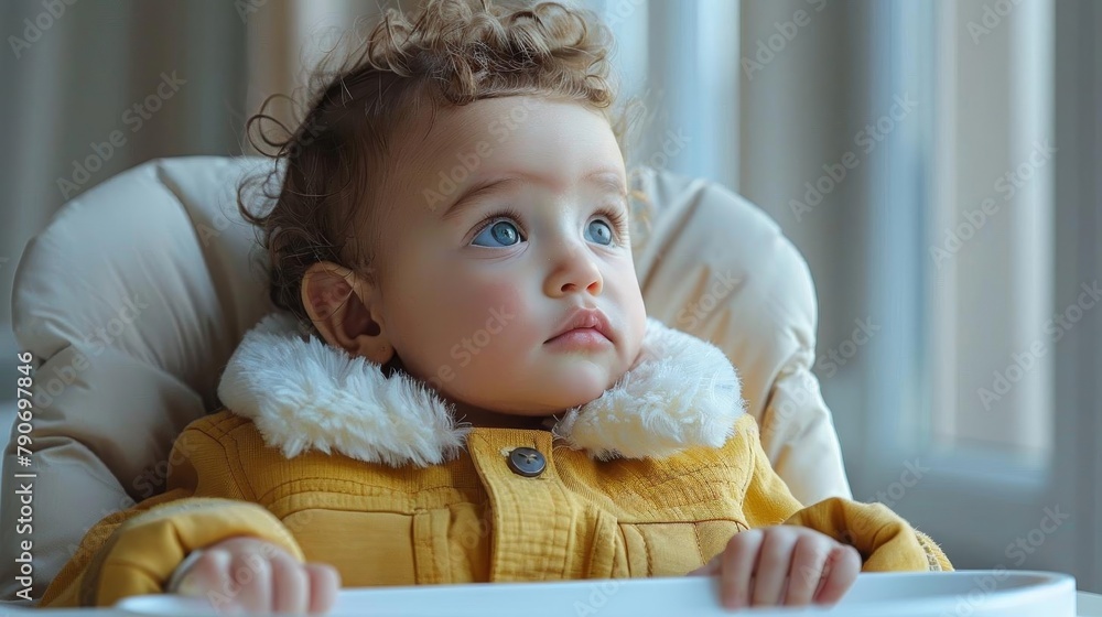 An adorable baby with curly blonde hair and big blue eyes is sitting in a high chair looking off to the side with a curious expression on his face. An adorable baby with curly blonde hair and big blue eyes is sitting in a high chair looking off to the side with a curious expression on his face.