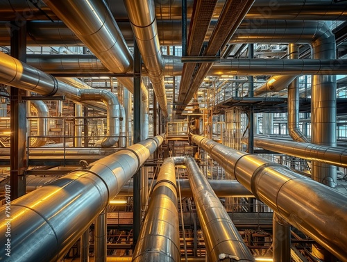 Intricate network of reflective metal pipes in an industrial setting displaying complex engineering.