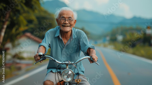 Senior man with a heartwarming smile cycling on a country road surrounded by lush greenery.