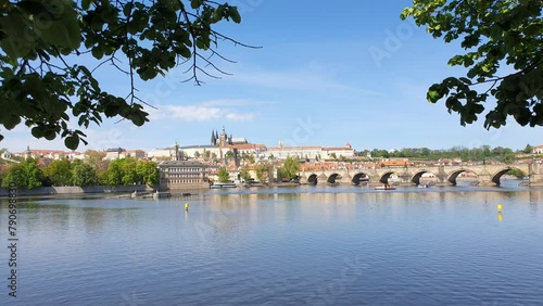 River Vltava and Prague Castle - landmark of capital of Czech republic. Main office of Czech president. Historical Prague town center. photo
