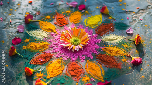 A vibrant Diwali rangoli design made with brightly colored powders and flowers.