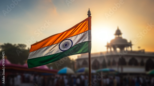 India flag flying high at Connaught Place with pride in blue sky  India flag fluttering  Indian Flag on Independence Day and Republic Day of India  tilt up shot  Waving Indian flag  Har Ghar Tiranga