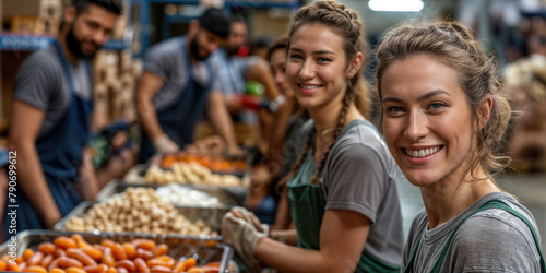 Smiling volunteers sort fresh vegetables at a local food bank photo