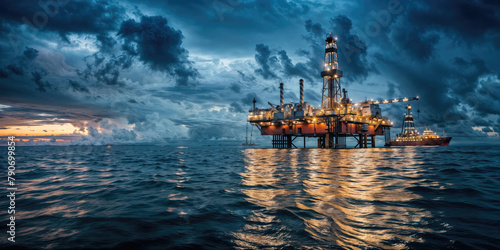 An offshore oil rig stands against the sky above a calm sea.