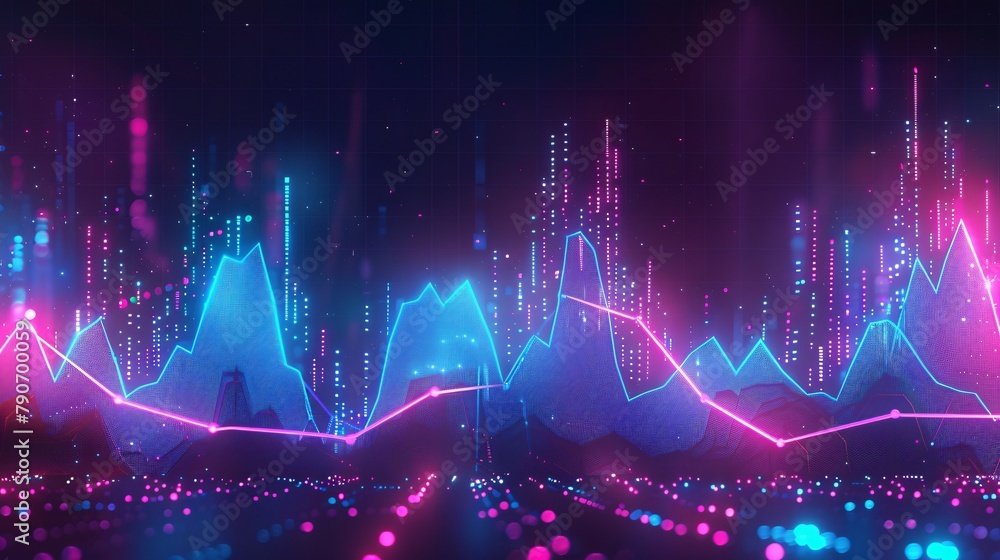 an artistic portrayal of business economics through neon-infused charts. Capture the essence of growth and decline analytics against an abstract neon background - obrazy, fototapety, plakaty 
