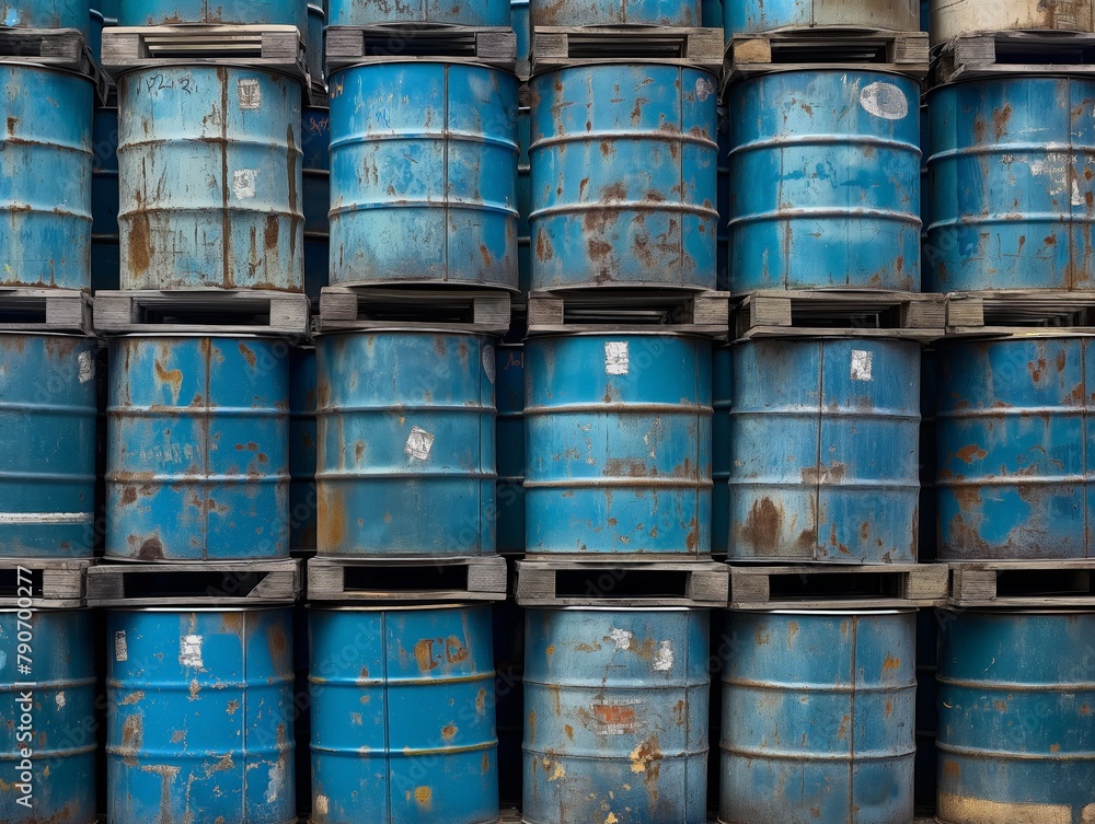 Rows of weathered blue industrial barrels create a textured pattern.
