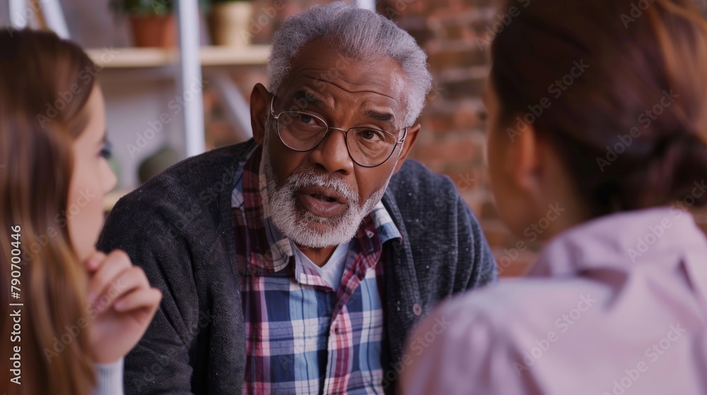 An elder man counseling a young couple, trying to mediate a peaceful discussion An elder man counseling a young couple, trying to mediate a peaceful discussion
