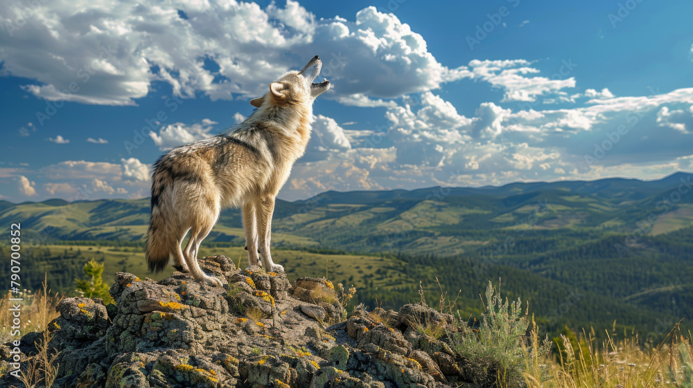Majestic wild wolf howling on a ridge with panoramic mountain views under a cloudy sky.