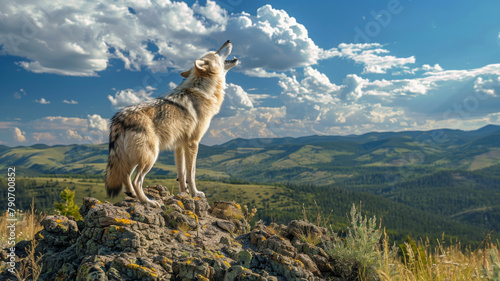 Majestic wild wolf howling on a ridge with panoramic mountain views under a cloudy sky.