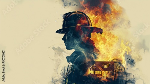 Double exposure photograph of a fireman with fire background