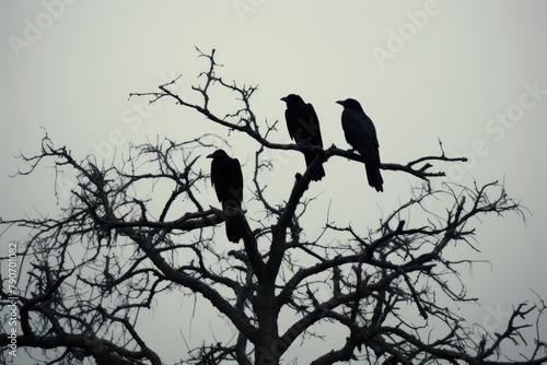 Crows perched on spooky tree branches.