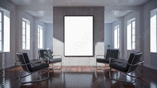 A stylish living room with modern furniture, a blank poster on a concrete wall, the background.