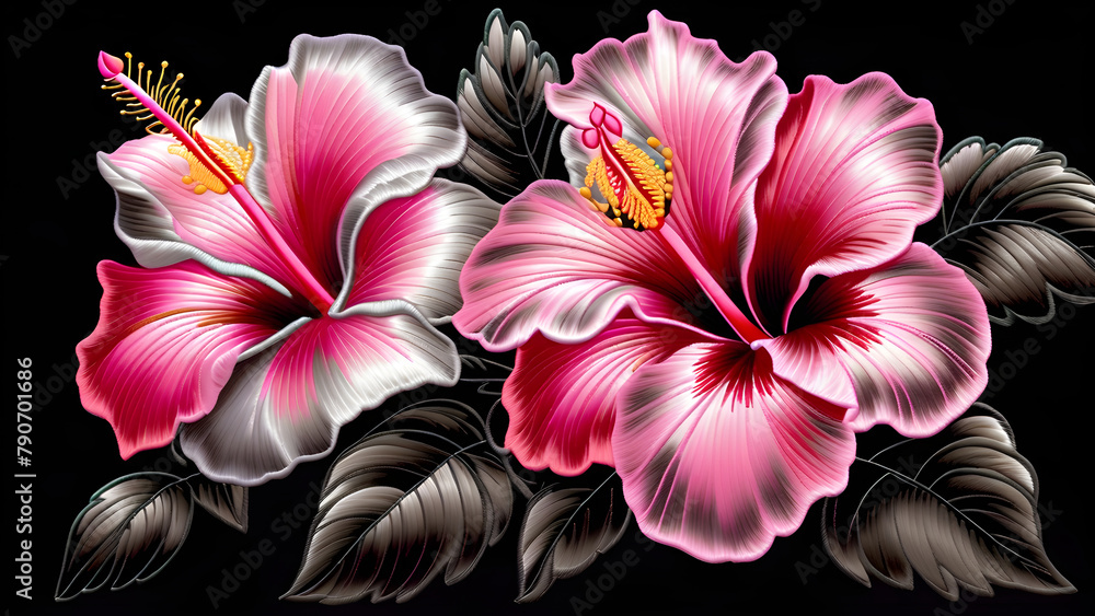 Fototapeta premium Shining Pink Hibiscus on Black Background, Intricate Embroidery of Vibrant Hibiscus, Heart-pounding Contrast: Black Background's Stunning Pink Hibiscus Embroidery Art(Generative AI)