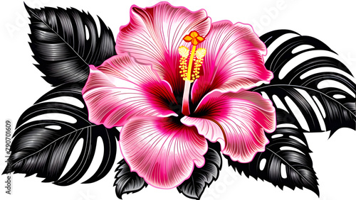 Shining Pink Hibiscus on Black Background, Intricate Embroidery of Vibrant Hibiscus, Heart-pounding Contrast: Black Background's Stunning Pink Hibiscus Embroidery Art(Generative AI)
