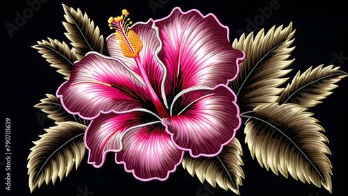 Shining Pink Hibiscus on Black Background, Intricate Embroidery of Vibrant Hibiscus, Heart-pounding Contrast: Black Background's Stunning Pink Hibiscus Embroidery Art(Generative AI)