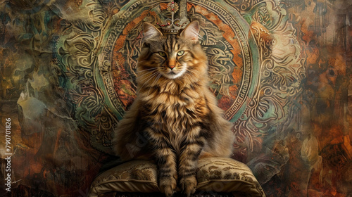 A cat comfortably seated on a chair against a wall  looking at its surroundings