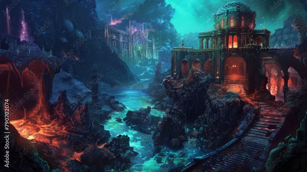 Deep-sea adventure, shifting tides within a sunken city, eerie underwater volcanoes in the backdrop, RPG map concept, fantasy exploration