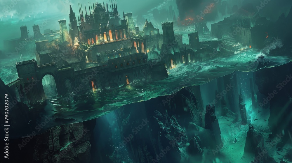 Deep-sea adventure, shifting tides within a sunken city, eerie 