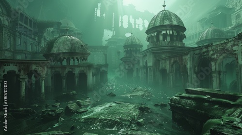 Descend into a drowned world of enigmatic ruins; ghostly light filters through broken domes onto algae-covered frescoes and sand-silted streets. Perfect for a mystery or exploration campaign.