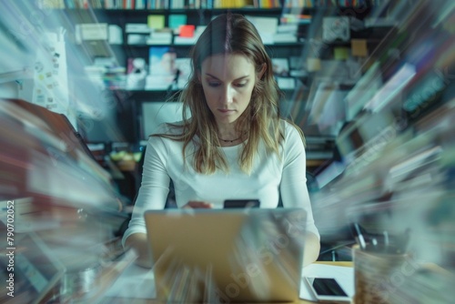 Businesswoman multitasking with laptop and smartphone in a busy office.