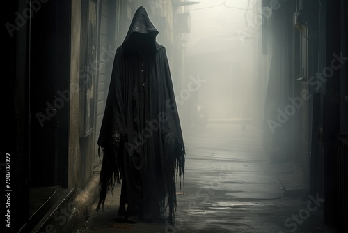 Grim reaper standing in a misty alley.