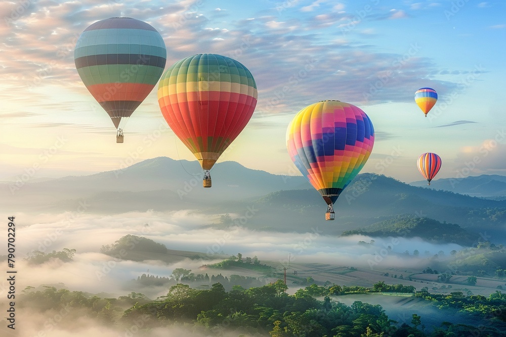 Fototapeta premium Colorful hot air balloons floating over a picturesque landscape.