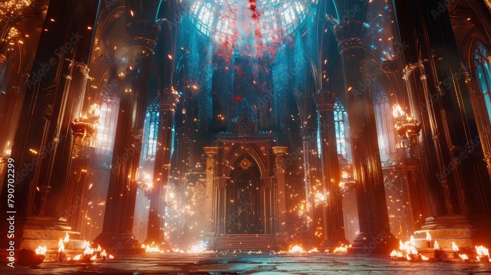 Close-up of a grand throne room in a mystical fortress, illuminated by floating arcane symbols, with a powerful wizard planning defense spells, robes flowing, magical aura pulsing, D&D concept Close-up of a grand throne room in a mystical fortress, illuminated by floating arcane symbols, with a powerful wizard planning defense spells, robes flowing, magical aura pulsing, D&D concept