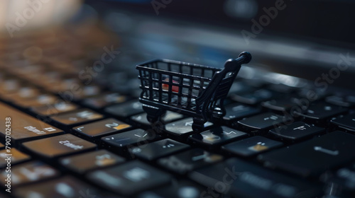 Online shopping concept, small shopping cart stands on keyboard, dark background, digital e-commerce. Generative AI photo