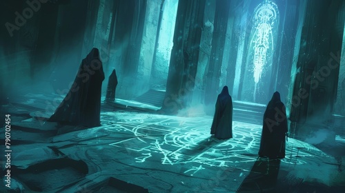 A mysterious ritual chamber with arcane symbols etched into the floor, wizards in cloaks summoning a spectral guardian, eerie blue light casting long shadows, fantasy adventure photo