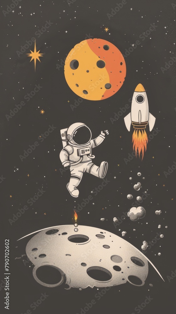 Fototapeta premium Cute Astronauts on the Moon: Illustrations of Cosmic Planets and Space Themes