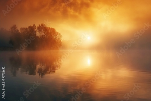 Dense fog rolling over a tranquil lake at sunrise.