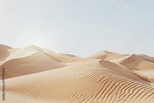 Desert sand dunes stretching to the horizon under a clear sky.