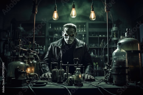 Frankenstein's monster in a dark laboratory.