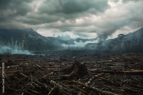 Eerie scene of deforestation with mist and smoke lingering over felled trees photo