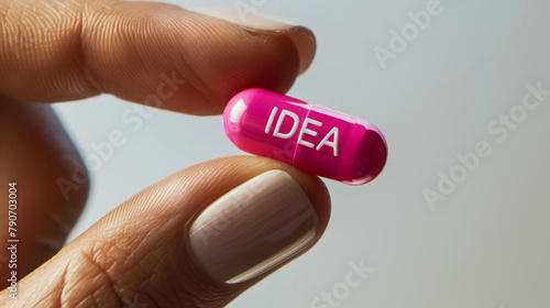 Pink capsule with text IDEA in hands, white background, copy space. Business marketing template. Generative AI
