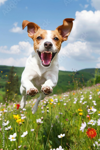 A dog leaps joyfully in the air amidst a vibrant field of blooming flowers on a sunny day