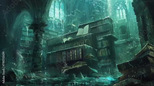 Adventurers discovering a sunken library with floating, water-damaged scrolls and books, a hauntingly beautiful scene for RPG storytelling.