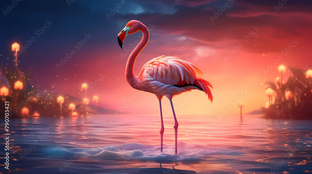 Fototapeta premium A beautiful pink flamingo standing in the water