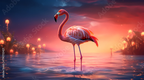 A beautiful pink flamingo standing in the water