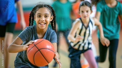 Group happy elementary student team plays basketball together. AI generated image