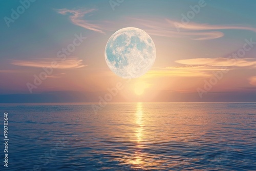 Spectacular view of a full moon rising over a calm ocean.