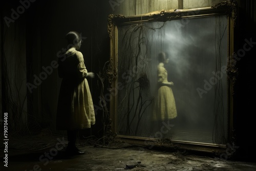 A haunted mirror reflecting ghostly images.