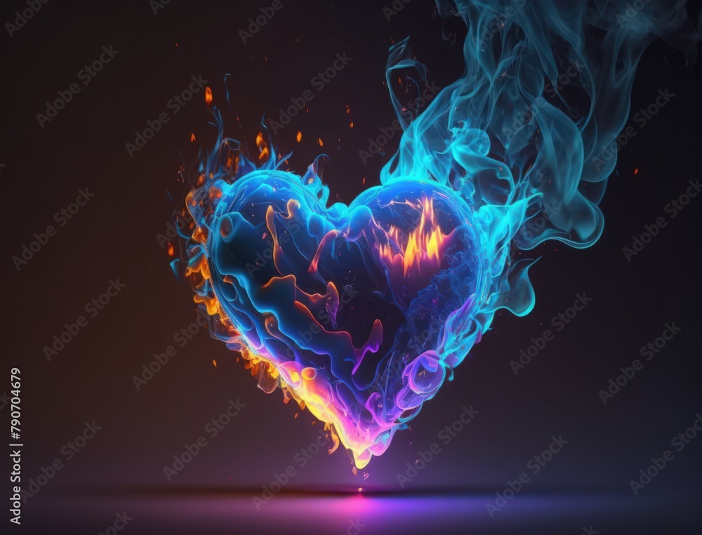 Glowing abstract heart minimal. Vivid dropping fashionable shiny neon heart. Colorful 3D illustration for valentine, marriage, party, wedding